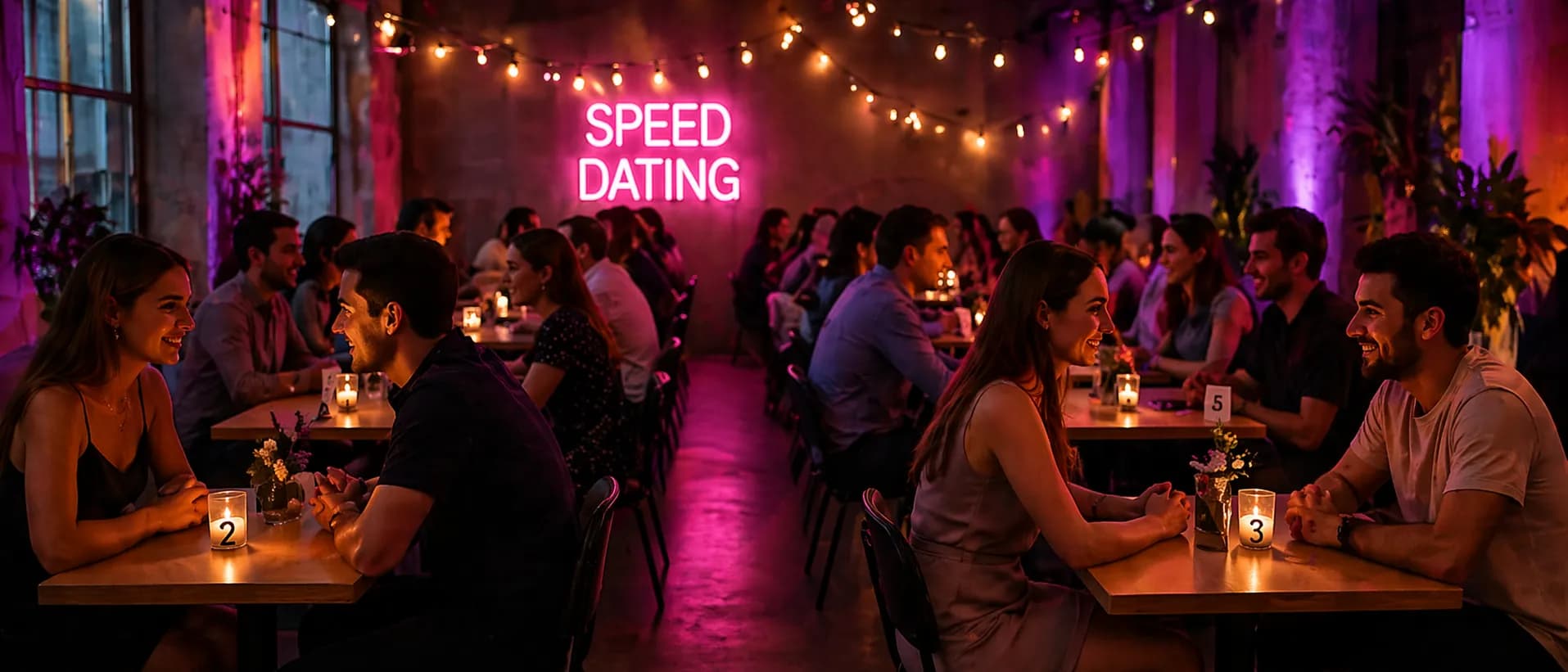 Зал на вечорі speed dating: пари розмовляють за пронумерованими столами