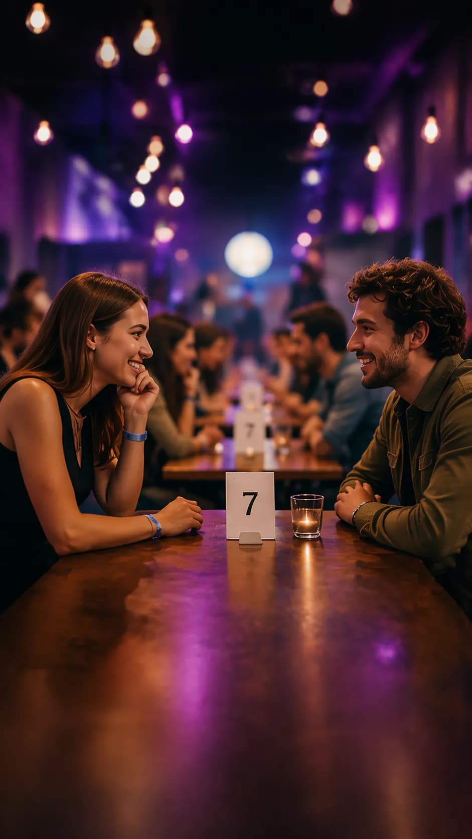 Двоє розмовляють за столом номер 7 на вечорі speed dating
